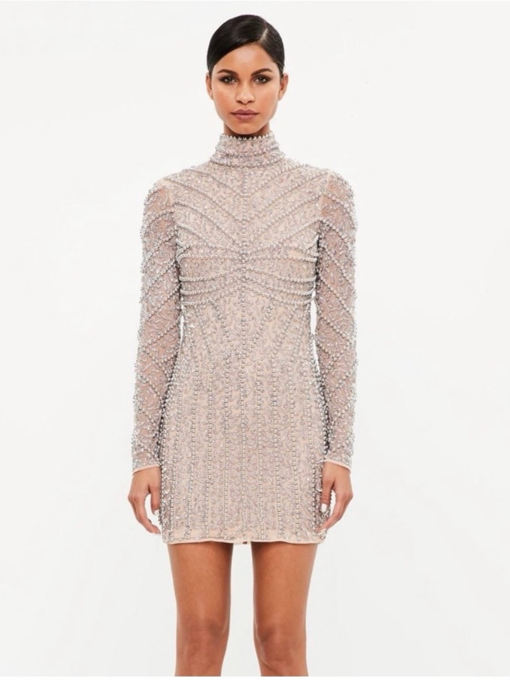 Peace and love Embellished High-Neck Long Sleeve Mini Dress
